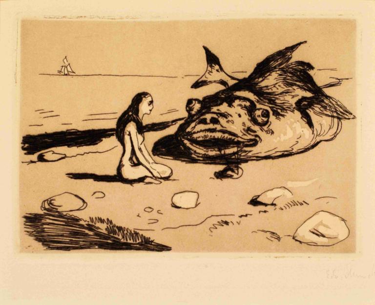 The Big Codfish,Der große Kabeljau,Edvard Munch,Kupferstich,Kupferstich, 1Mädchen, Fisch, einfarbig, nackt