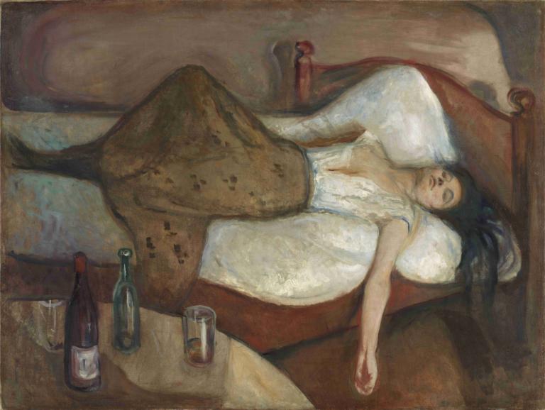 The Day After,Edvard Munch,Tempera,Tempera, 1girl, solo, black hair, alcohol, bottle, breasts, lying