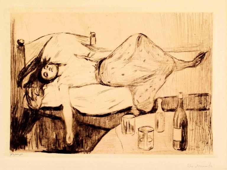 The Day After,Η επόμενη μέρα,Edvard Munch,Χαλκογραφία,Χαλκογραφία, μονοφωνία, 1 κορίτσι, μονόχρωμος, κρεβάτι