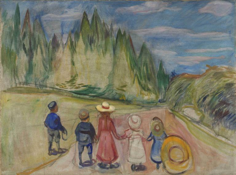 The Fairytale Forest,Edvard Munch,Tempera,Tempera, hat, multiple boys, painting (medium), traditional media