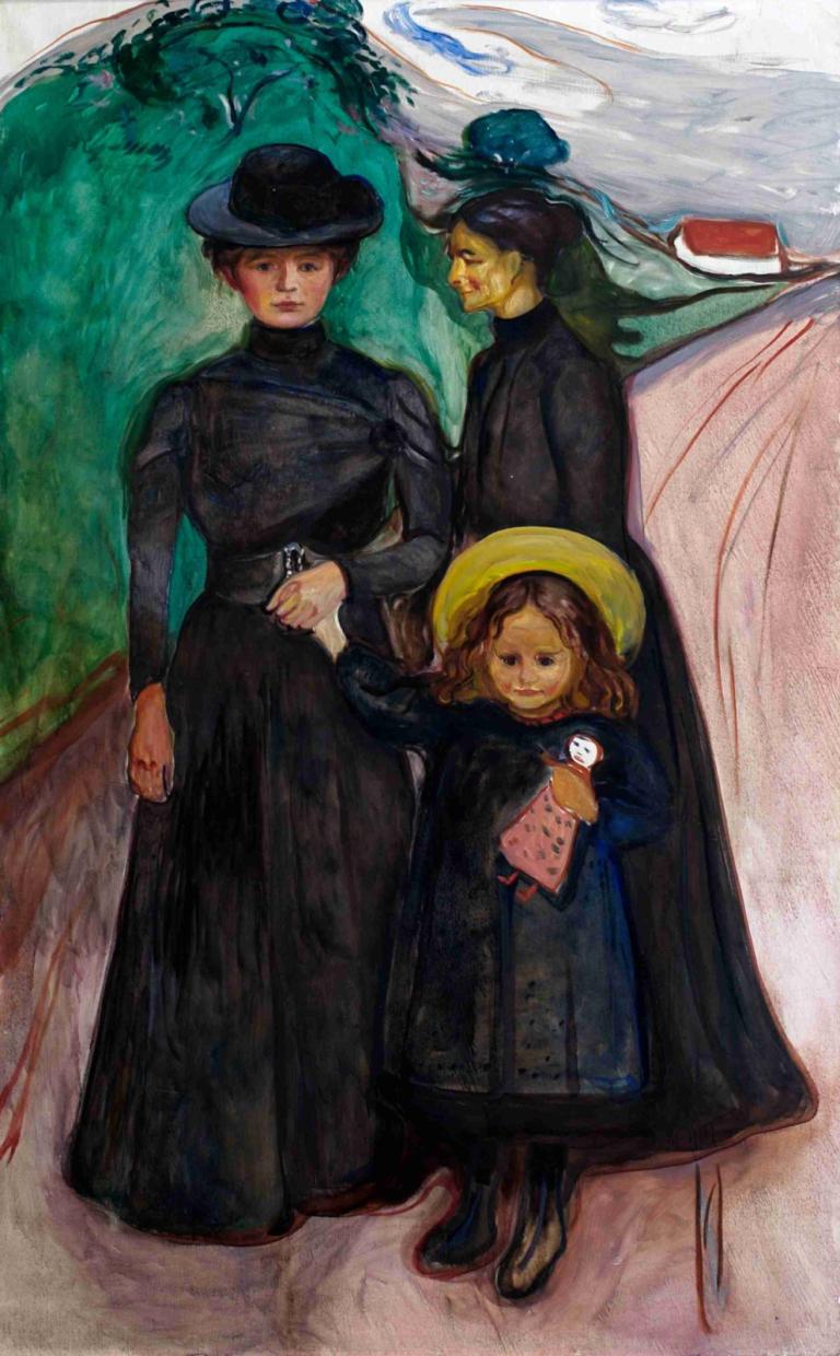 The Family (The Book Family),더 패밀리(더 북 패밀리),Edvard Munch,에드워드 뭉크,템페라,템페라, 모자, 미술 패러디, 여러 여자, 갈색 머리, 드레스