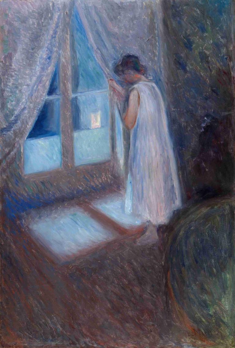 The Girl by the Window,Edvard Munch,Tempera,Tempera, window, curtains, curtain grab, solo, black hair