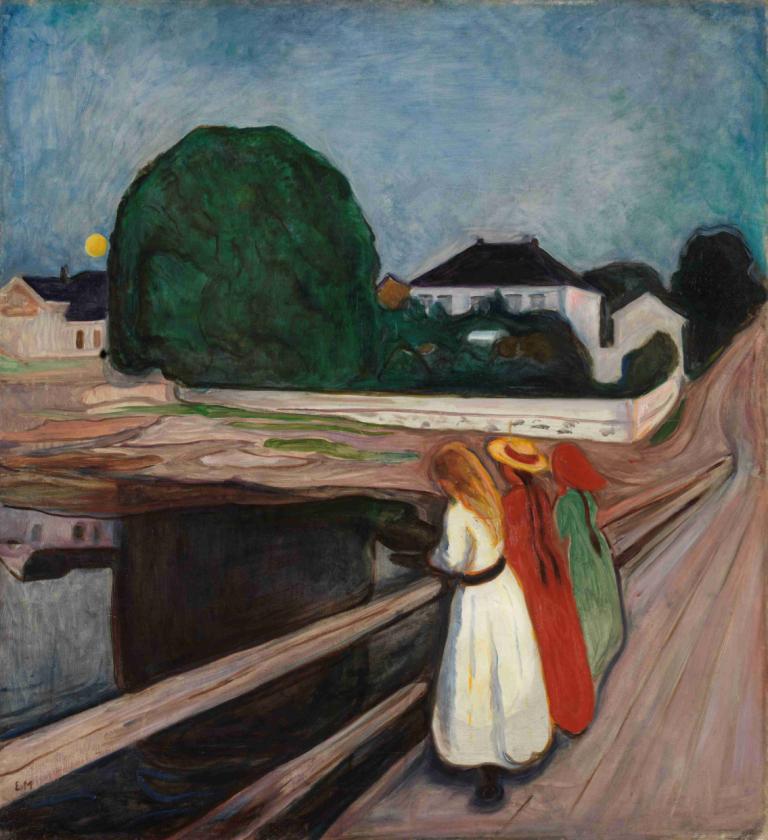 The Girls on the Bridge,Edvard Munch,Tempera,Tempera, watercraft, 1girl, hat, dress, traditional media, boat