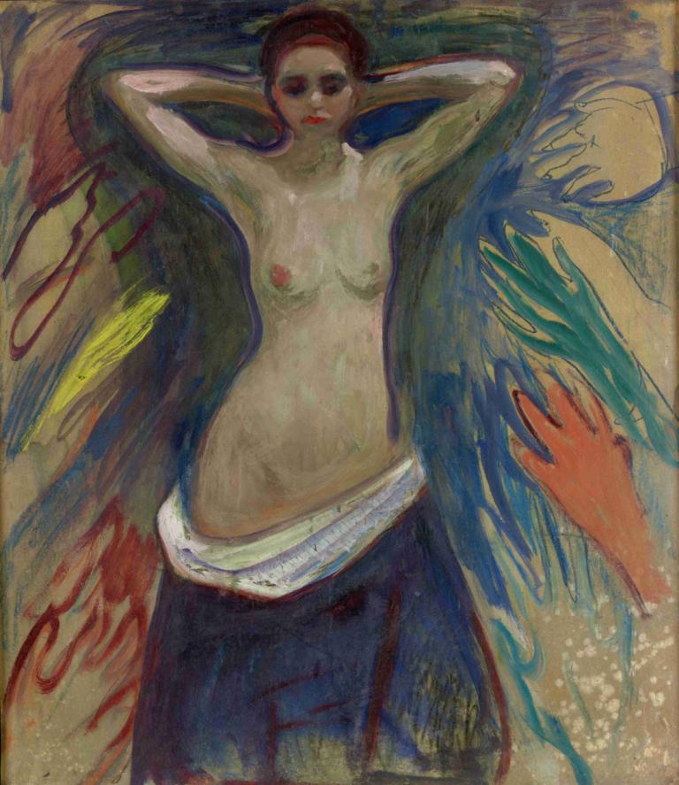 The Hands,Edvard Munch,Tempera,Tempera, 1girl, nipples, breasts, solo, topless, fine art parody