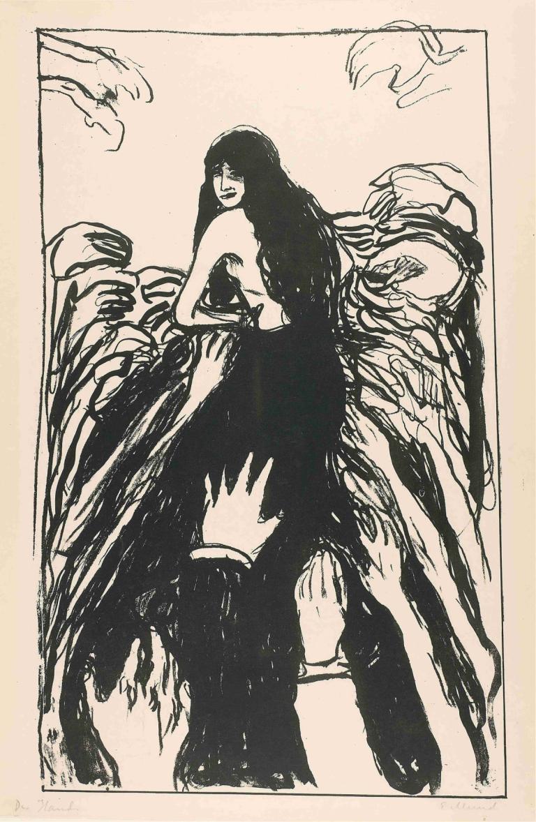 The Hands,Edvard Munch,Kupferstich,Kupferstich, 1Mädchen, einfarbig, lange Haare, Kleid, Grenze