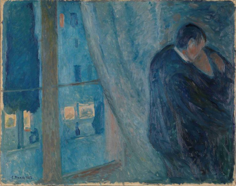 The Kiss,Edvard Munch,Tempera,Tempera, black hair, male focus, 1boy, traditional media, solo, short hair