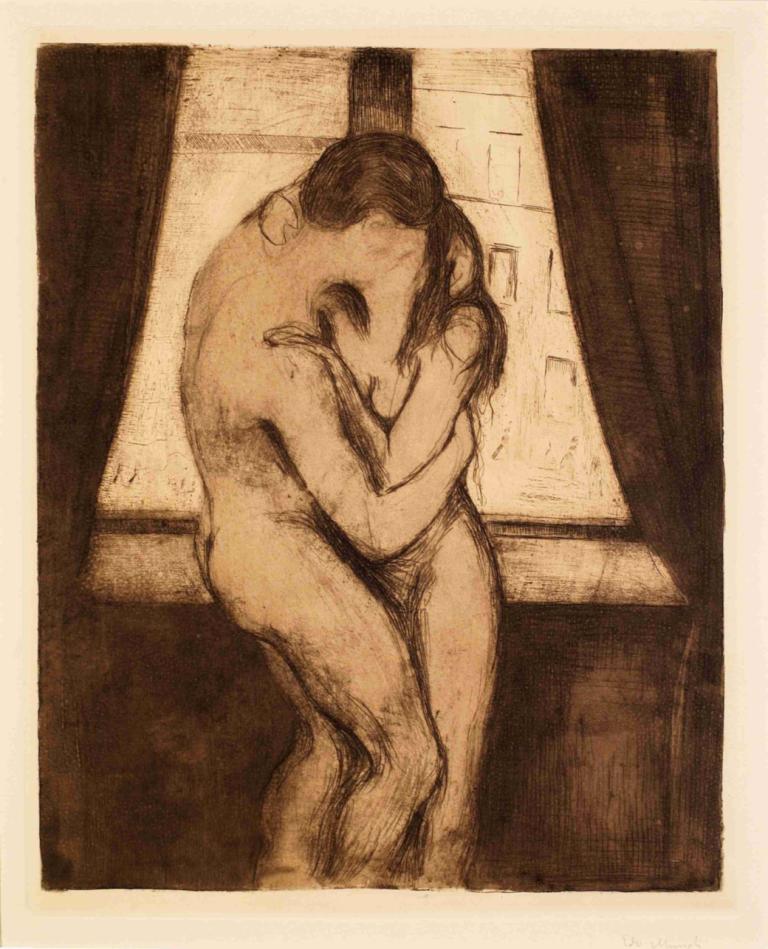 The Kiss,Der Kuss,Edvard Munch,Kupferstich,Kupferstich, 1Mädchen, Umarmung, nackt, 1Junge, einfarbig, Hetero