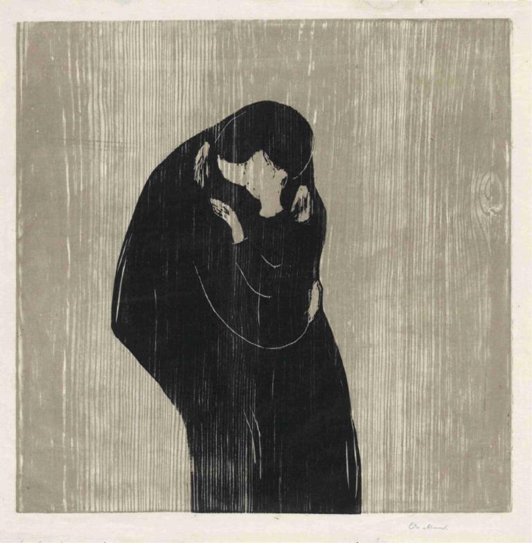 The Kiss IV,Der Kuss IV,Edvard Munch,Kupferstich,Kupferstich, einfarbig, Solo, Regen, 1Junge