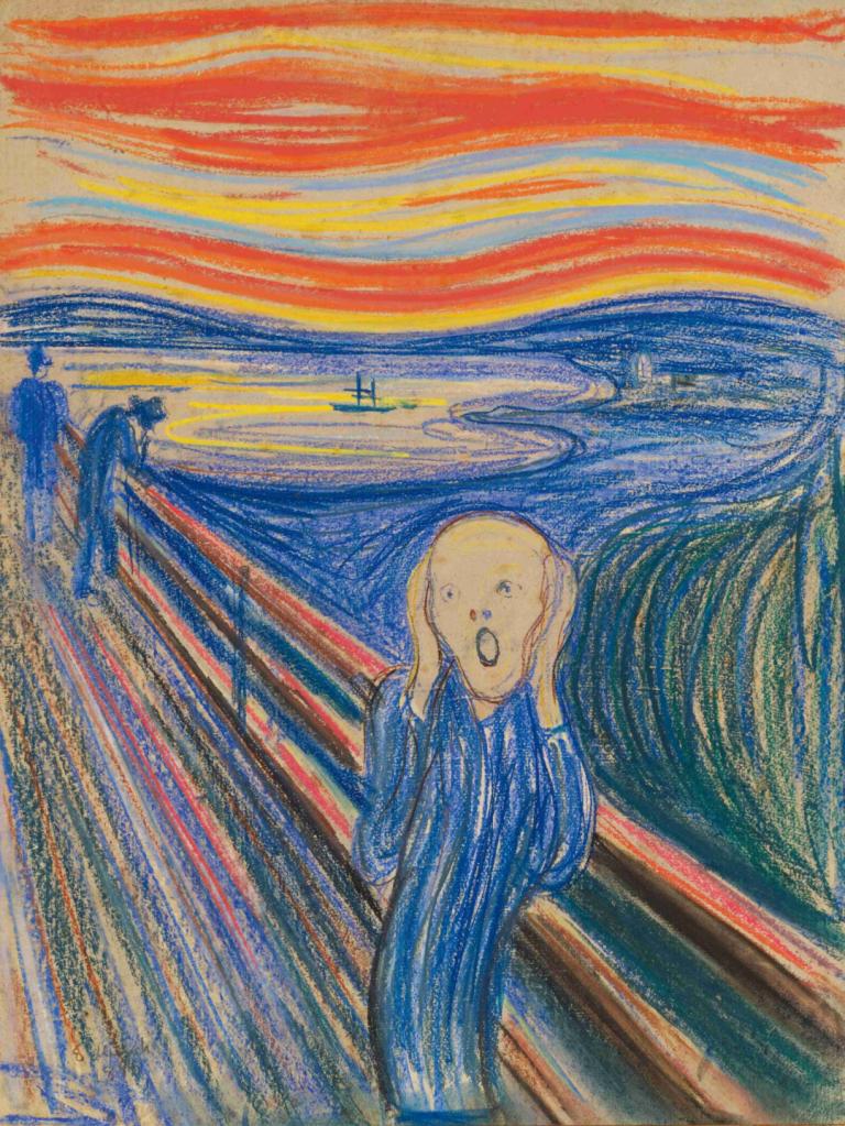 The Scream,Skriget,Edvard Munch,Tempera,Tempera, traditionelle medier, 1 dreng, bro, dragt, udendørs, formel