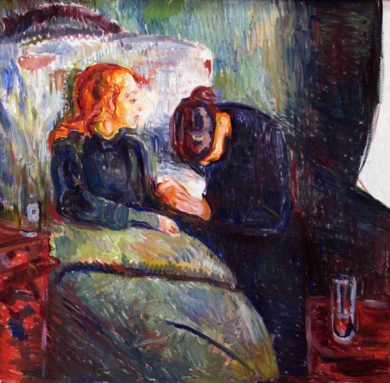 The Sick Child,Edvard Munch,Tempera,Tempera, 1girl, traditional media, 1boy, bottle, painting (medium), cup