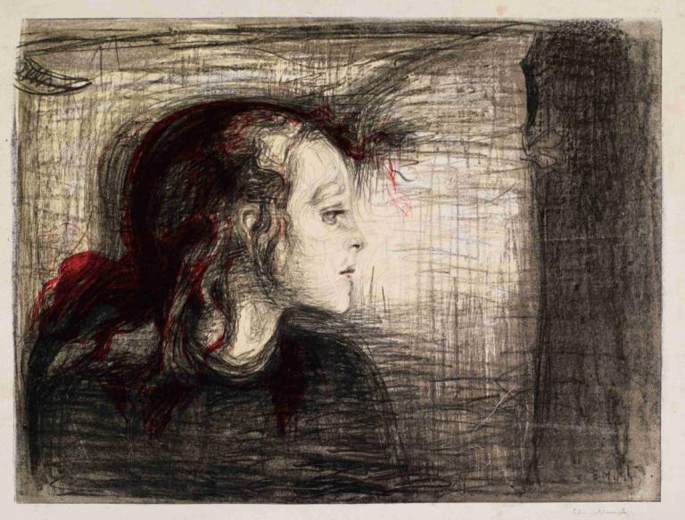 The Sick Child,Bolan otrok,Edvard Munch,Skica,Skica, 1 dekle, solo, profil, zgornji del telesa, dolgi lasje