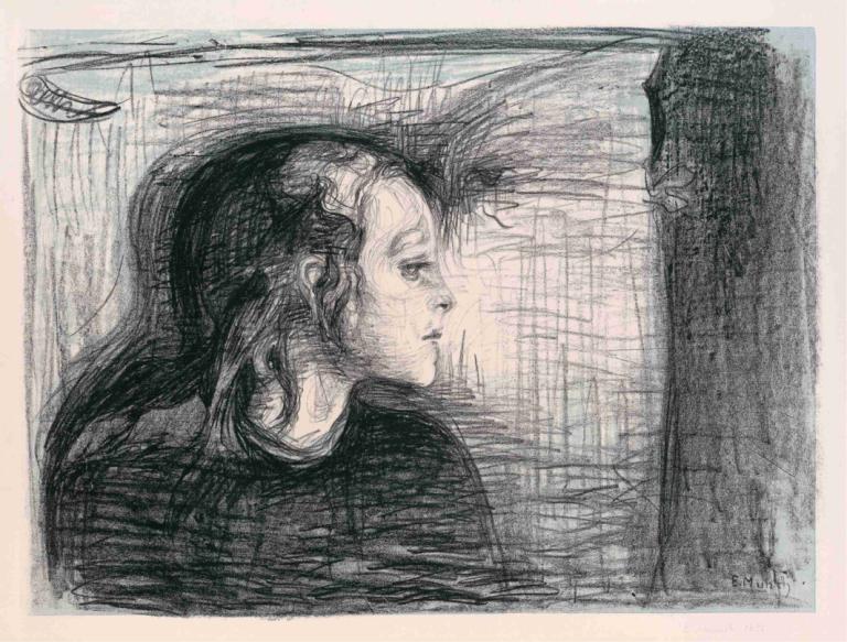 The Sick Child I,Bolan otrok I,Edvard Munch,Skica,Skica, solo, 1 dekle, profil, enobarvno