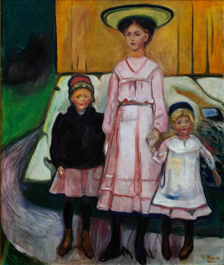 Three Children,Tres niños,Edvard Munch,Pintura al temple,Pintura al temple, tomados de la mano, varias chicas