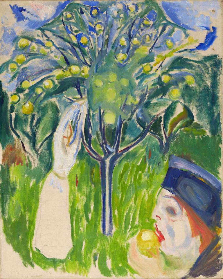 Two Women in the Garden,Dwie kobiety w ogrodzie,Edvard Munch,Tempera,Tempera, owoc, żywność, drzewo, trawa