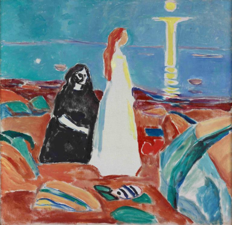 Two Women on the Shore,Två kvinnor på stranden,Edvard Munch,Tempera,Tempera, traditionella medier, klänning