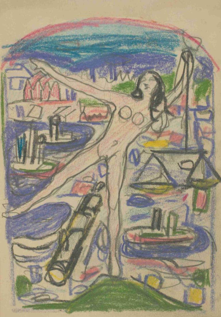 Untitled 11,Bez tytułu 11,Edvard Munch,Tempera,Tempera, 1 dziewczyna, solo, nagi, czarne włosy