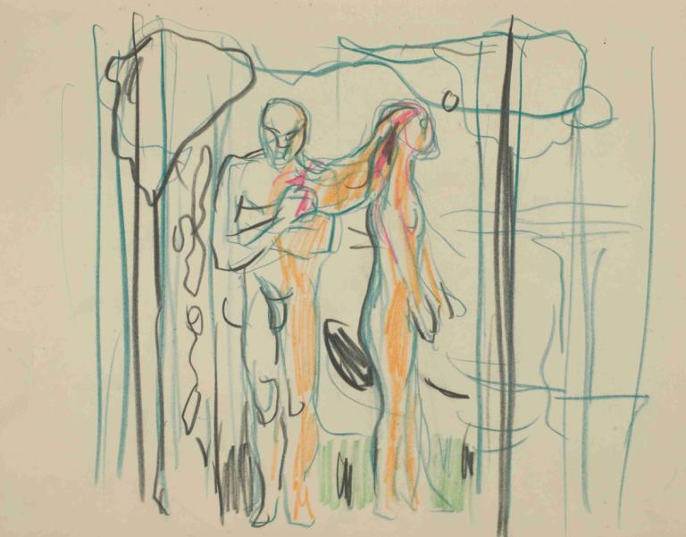 Untitled 21,Edvard Munch,Tempera,Tempera, sketch, abstract, standing, solo, long hair, nude