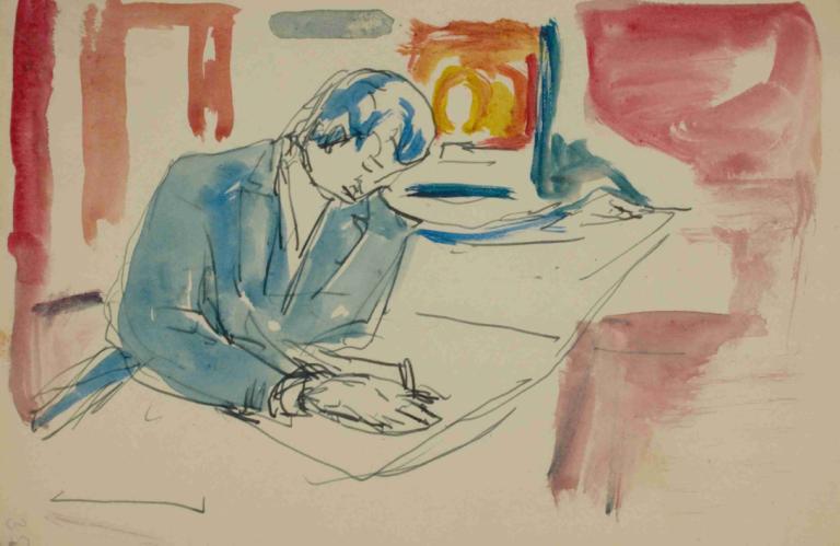 Untitled 27,Edvard Munch,Tempera,Tempera, 1boy, solo, male focus, paper, sketch, traditional media, sitting