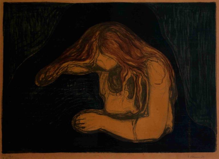 Vampire II,Edvard Munch,Copperplate Etching,Copperplate Etching, solo, long hair, border, 1girl, nude