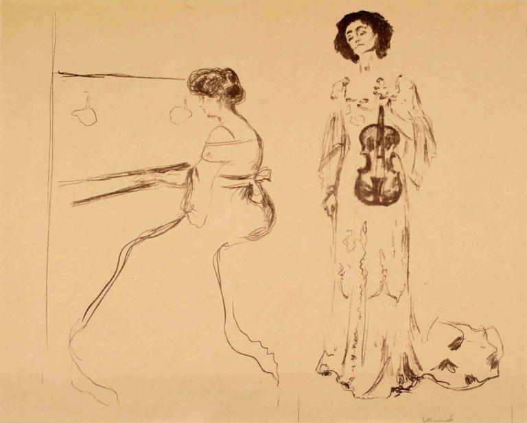 Violin Concert,Fiolinkonsert,Edvard Munch,Skisse,Skisse, 1 jente, monokrom, japanske klær, kimono, skisse