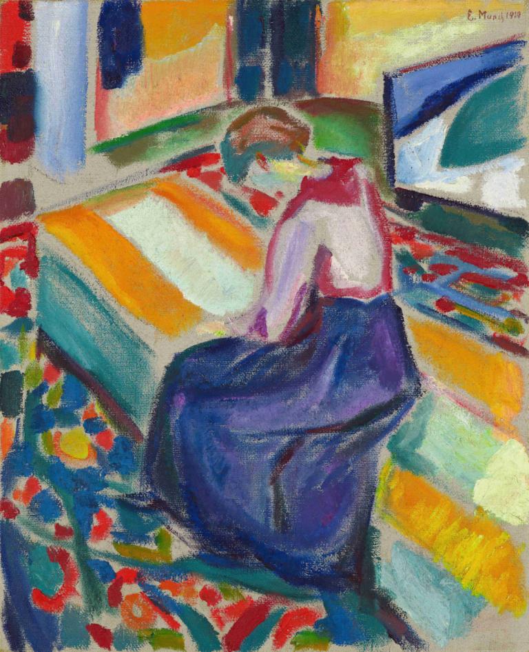 Woman Seated on a Couch,Edvard Munch,Tempera,Tempera, 1girl, solo, skirt, brown hair, traditional media