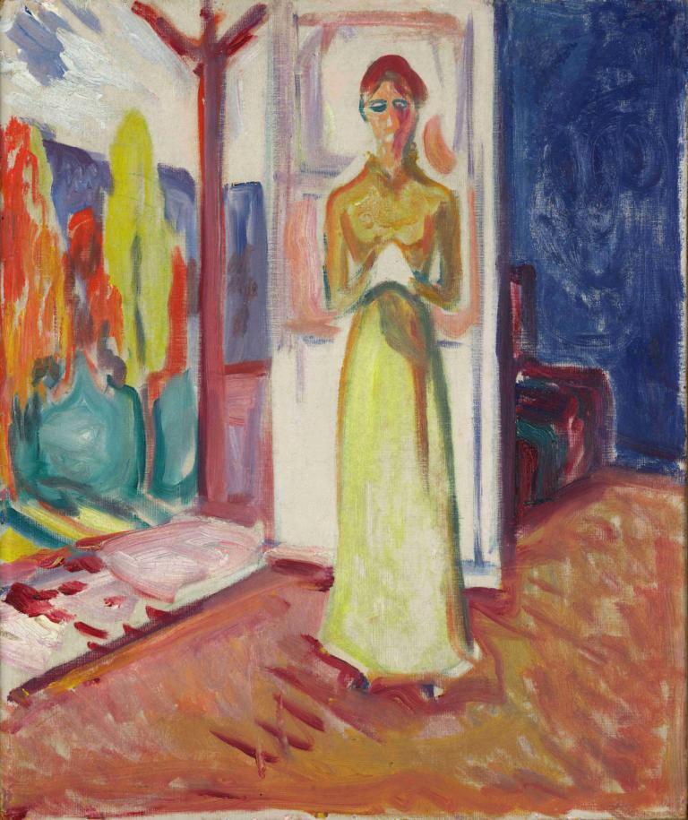 Woman Standing in the Doorway,Edvard Munch,Tempera,Tempera, 1girl, solo, dress, painting (medium)