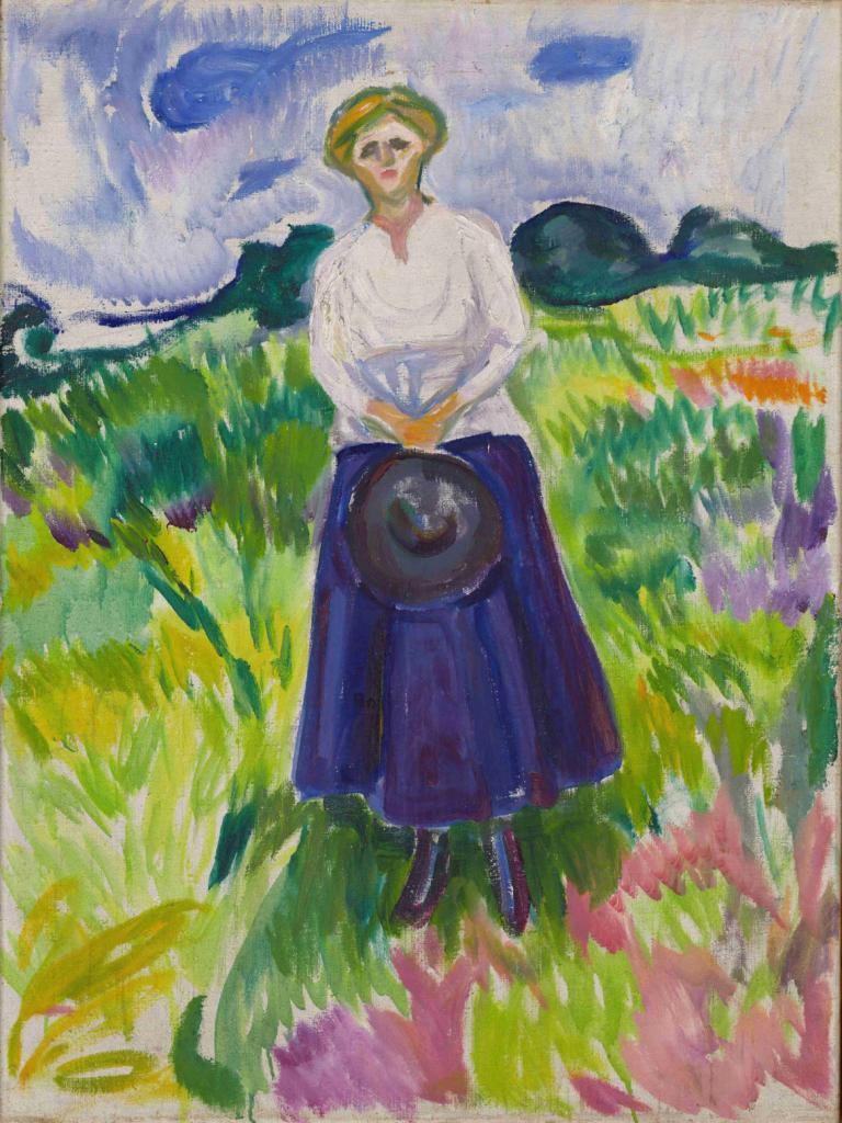 Woman in a Green Meadow,Edvard Munch,Tempera,Tempera, 1girl, solo, skirt, traditional media, long skirt