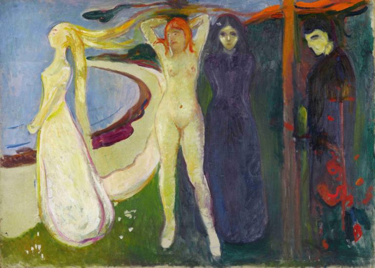 Woman. Sphinx,Edvard Munch,Tempera,Tempera, multiple girls, nude, nipples, fine art parody, breasts, surreal