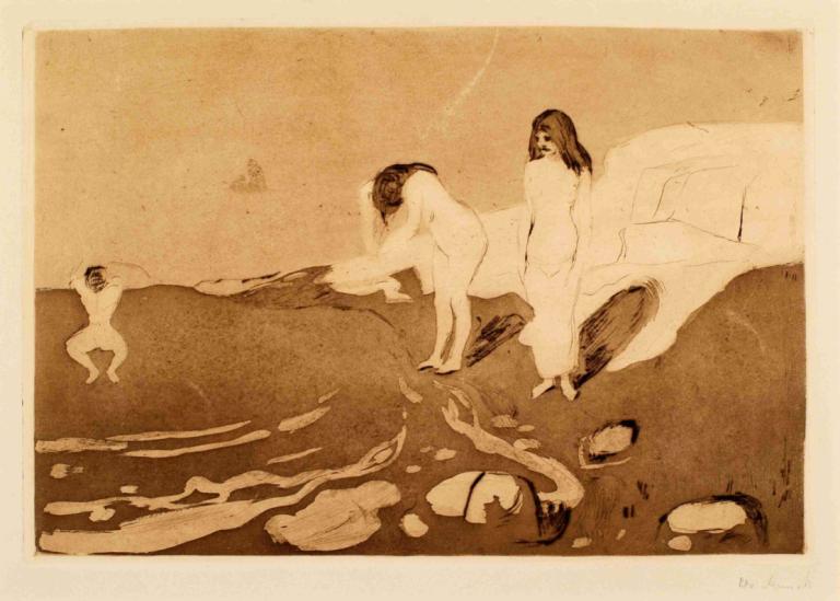 Women Bathing,Edvard Munch,Copperplate Etching,Copperplate Etching, monochrome, multiple girls, nude, sepia