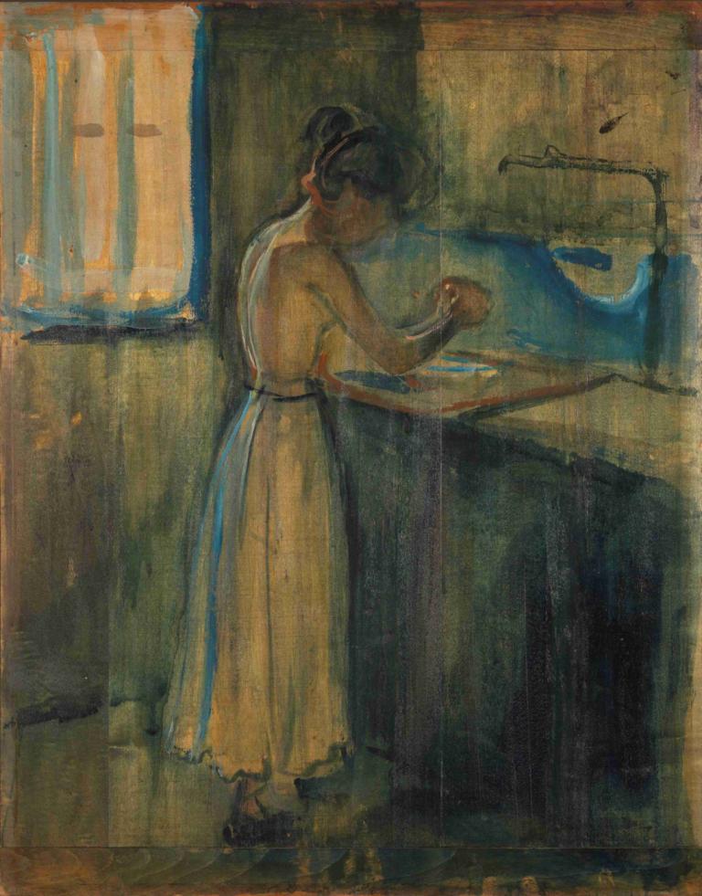 Young Woman Washing herself,Edvard Munch,Tempera,Tempera, 1girl, solo, dress, traditional media, black hair