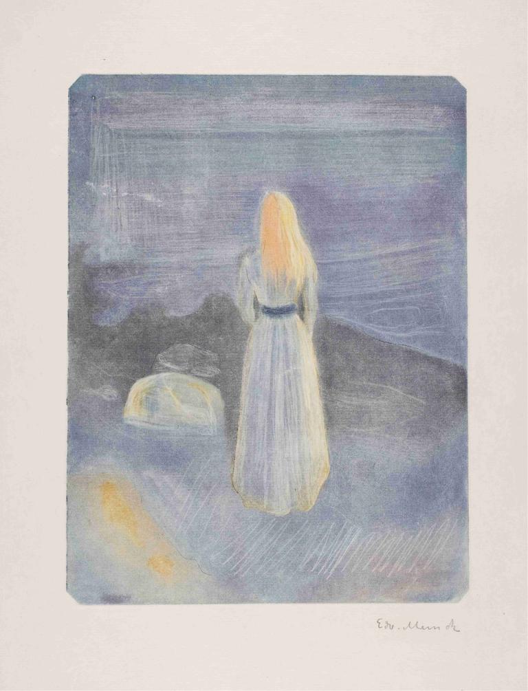 Young Woman on the Beach,Edvard Munch,Tempera,Tempera, long hair, dress, 1girl, blonde hair, white dress