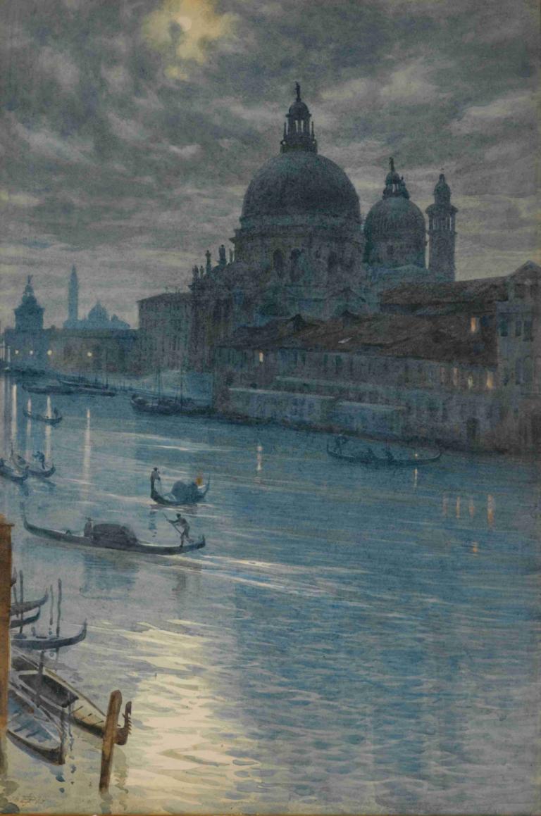 A Moonlight Scene, Venice,Edward John Poynter,Oil Painting,Oil Painting, watercraft, boat, scenery, cloud