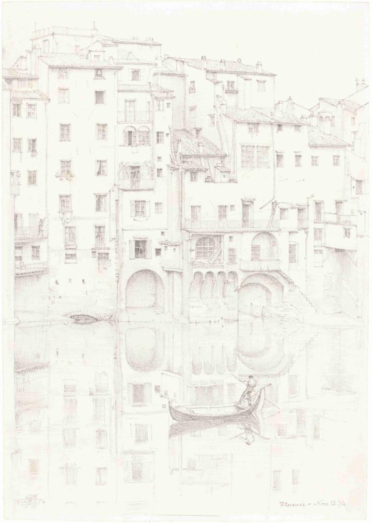 A View of the Arno, Florence,Edward John Poynter,Sketch,Sketch, monochrome, 1girl, solo, building, boat