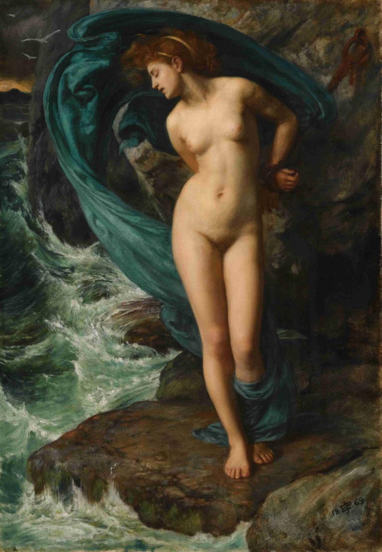 Andromeda,Edward John Poynter,Oil Painting,Oil Painting, fine art parody, 1girl, nude, solo, nipples, water