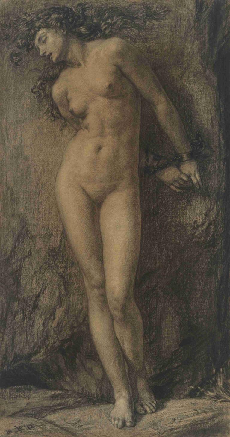 Andromeda,Edward John Poynter,Sketch,Sketch, 1girl, solo, nude, nipples, long hair, breasts, barefoot, bound