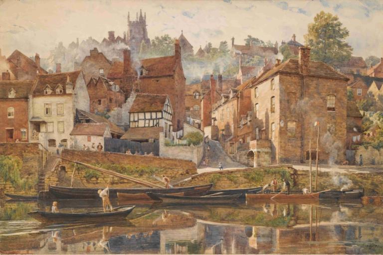 By Severnside, Bridgnorth,By 세번사이드, 브리즈노스,Edward John Poynter,에드워드 존 포인터,오일 페인팅,오일 페인팅, 경치, 옥외, 나무, 집, 건물, 다리