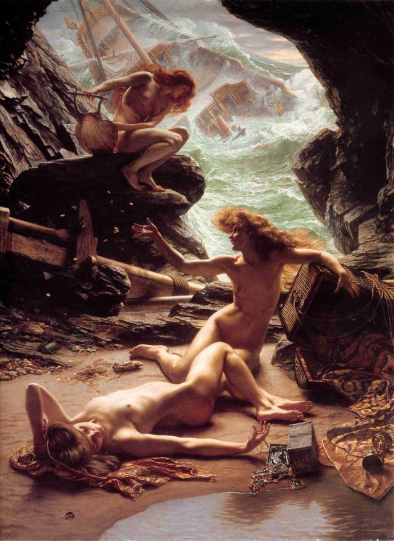 Cave of The Storm Nymphs,Edward John Poynter,Oil Painting,Oil Painting, fine art parody, multiple girls