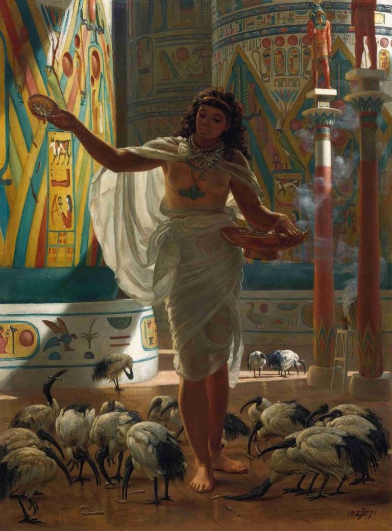 Feeding The Sacred Ibis In The Halls Of Karnac,Edward John Poynter,Oil Painting,Oil Painting, barefoot, 1girl