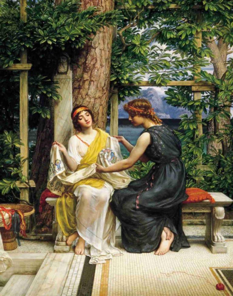 Helena and Hermia,Edward John Poynter,Oil Painting,Oil Painting, barefoot, 2girls, multiple girls, dress