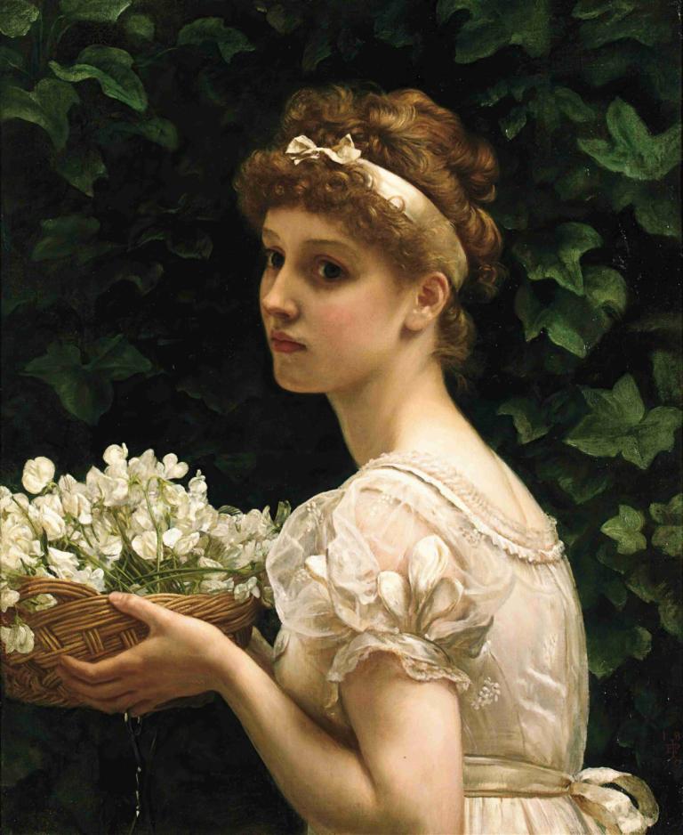 Pea Blossoms,豌豆花,Edward John Poynter,爱德华-约翰-波因特,油画,油画, 1个女孩, 独奏, 裙子, 花, 白色礼服, 美术模仿, 实际的, 保持, 短袖, 蓬松的袖子, 蓬松短袖