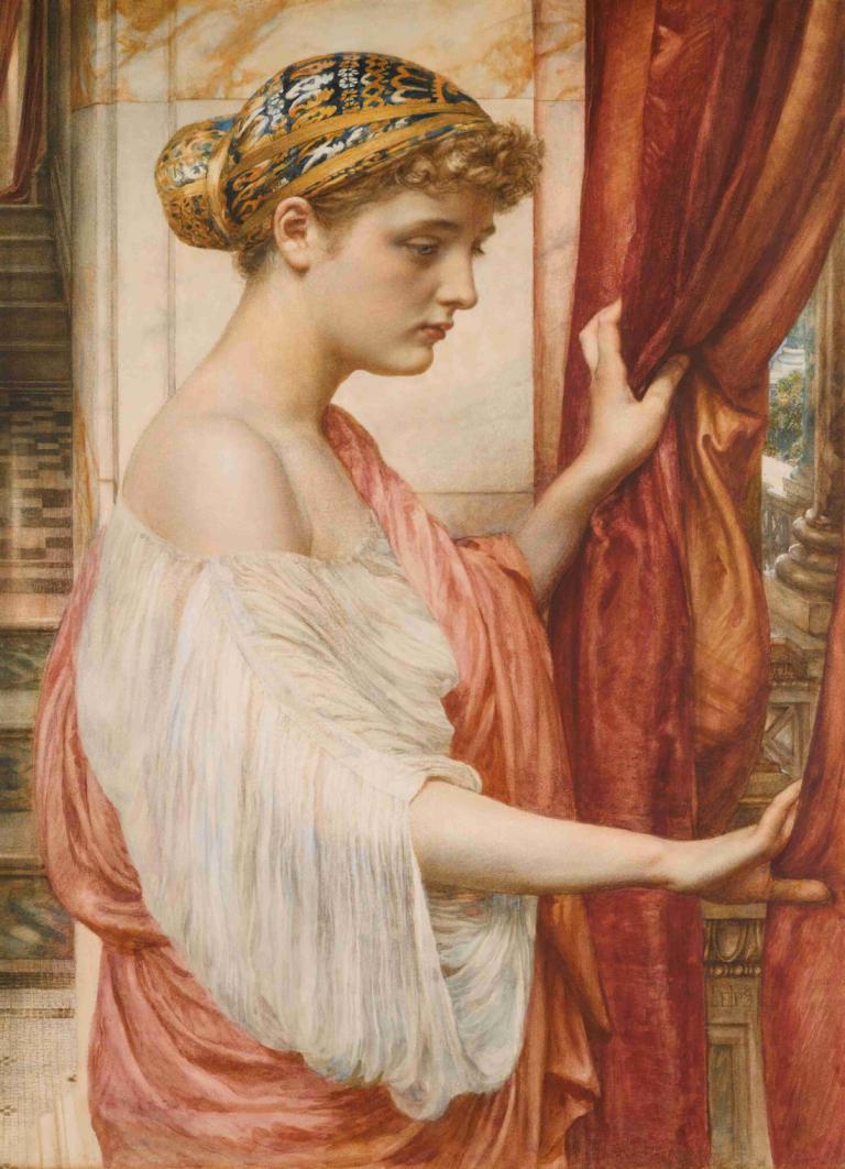 Psyche,Edward John Poynter,에드워드 존 포인터,오일 페인팅,오일 페인팅, 미술 패러디, 커튼, 독주, 여자 1명, 커튼 잡아, 현실적인, 블론드 헤어, 실내, 전통 미디어