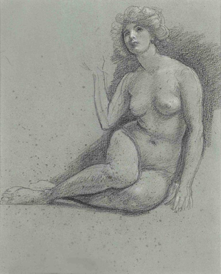 Study for At Low Tide,Étude pour À marée basse,Edward John Poynter,Croquis,Croquis, 1fille, solo, monochrome