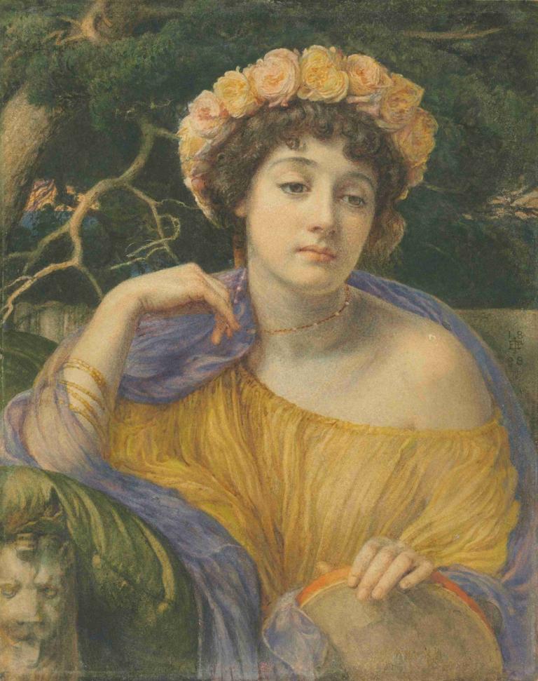 The Dancer,舞者,Edward John Poynter,爱德华-约翰-波因特,油画,油画, 美术模仿, 1个女孩, 实际的, 花, 珠宝, 帽子, 假传统媒体, 棕色的头发, 头花环, 项链, 头饰已移除