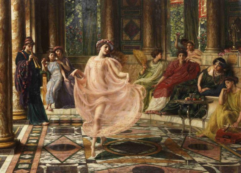 The Ionian Dance,爱奥尼亚舞,Edward John Poynter,爱德华-约翰-波因特,油画,油画, 美术模仿, 多个女孩, 裙子, 多个男孩, 地毯, 赤脚, 食物, 在室内, 棕色的头发