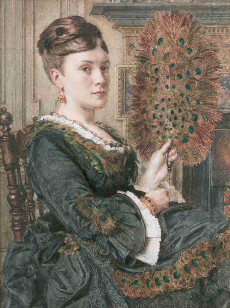 The Peacock Fan,Edward John Poynter,Oil Painting,Oil Painting, 1girl, jewelry, earrings, solo, dress