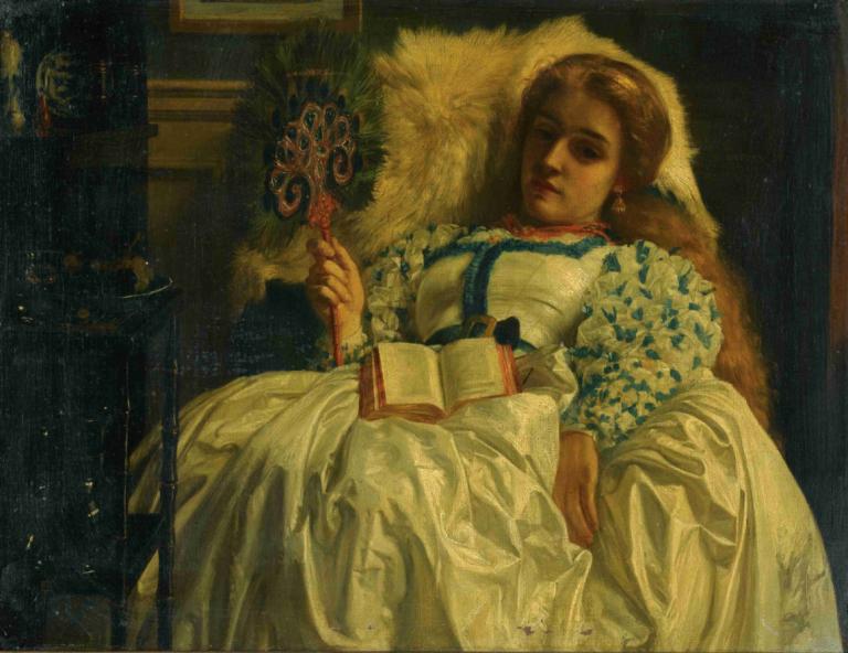 The Peacock Fan,Edward John Poynter,Oil Painting,Oil Painting, 1girl, book, dress, solo, fine art parody