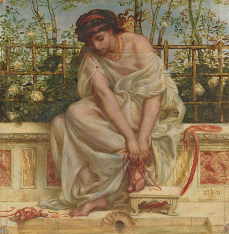 The Sandal,Die Sandale,Edward John Poynter,Ölgemälde,Ölgemälde, Kunstparodie, Solo, 1Mädchen, Sitzung, Blume