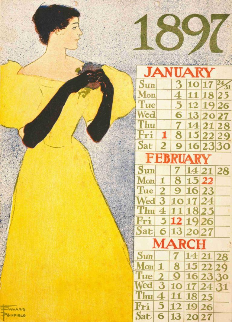 1897 January, February, March,Edward Penfield,Illustration,Illustration, 1girl, dress, yellow dress