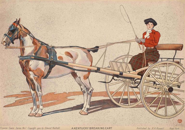 A Kentucky breaking cart,Edward Penfield,Illustration,Illustration, riding, horse, black hair, 1girl, solo