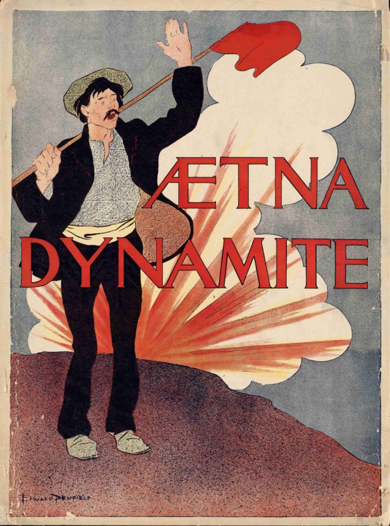 Aetna dynamite,Edward Penfield,Illustration,Illustration, 1boy, male focus, solo, black hair, hat, parody